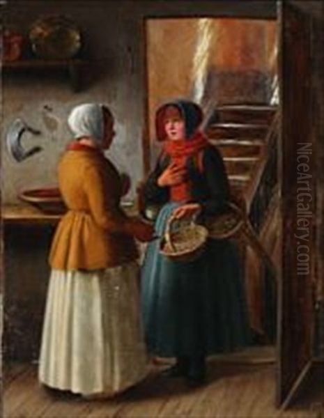 Kitchen Interior With A Amager Woman Selling Vedgetables To A Maid Oil Painting by Julius Friedlaender