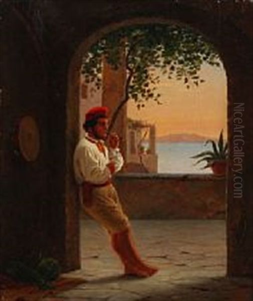 A Neapolitan Fruitseller In A Loggia Oil Painting by Julius Friedlaender