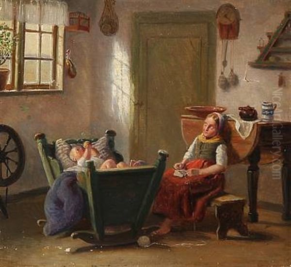 Country Interior With A Sleeping Nanny And A Playing Child In The Crib Oil Painting by Julius Friedlaender