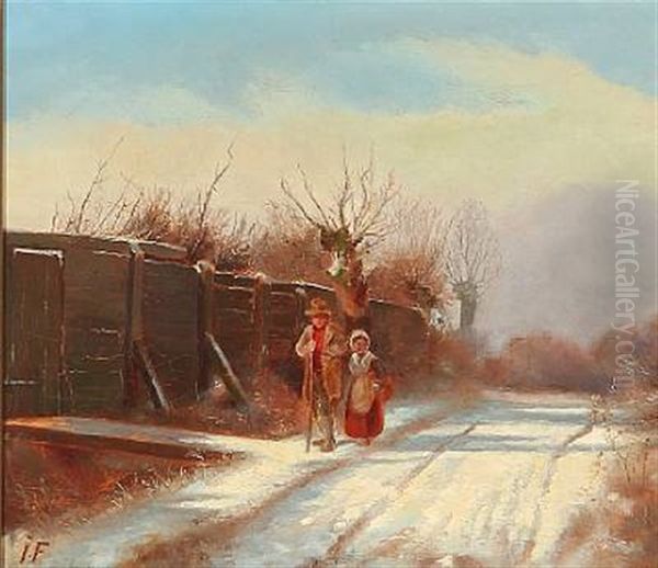 Winter Day With An Old Couple Oil Painting by Julius Friedlaender