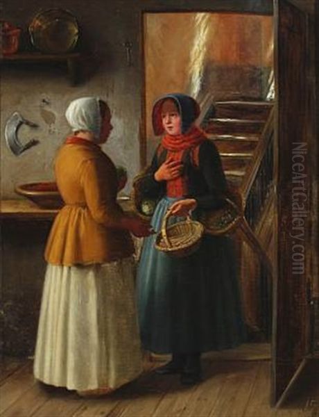 Two Women Talking In The Kitchen Door Oil Painting by Julius Friedlaender