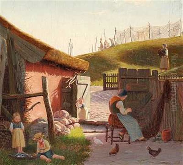 Kvinder Og Born I Et Fiskerleje, En Gammel Kone Boder Garn, En Lille Piger Ser Sit Snit Til At Stikke Af Oil Painting by Julius Friedlaender