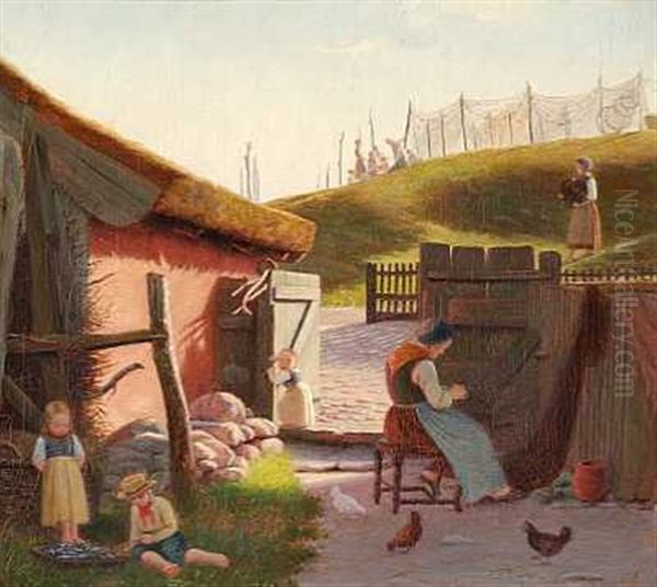 Kvinder Og Born I Et Fiskerleje, En Gammel Kone Boder Garn, En Lille Piger Ser Sit Snit Til At Stikke Af Oil Painting by Julius Friedlaender