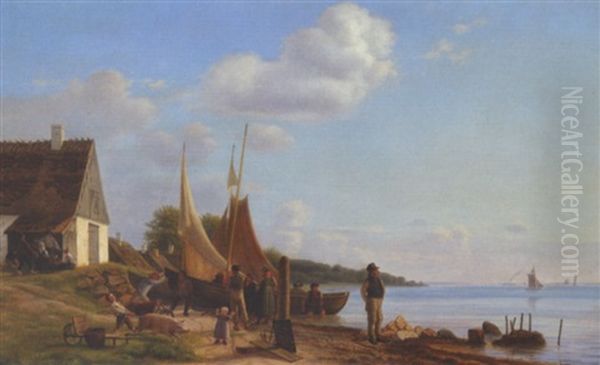 Folkeliv Ved Et Fiskerleje Pa Den Nordsjaellandske Kyst Oil Painting by Julius Friedlaender