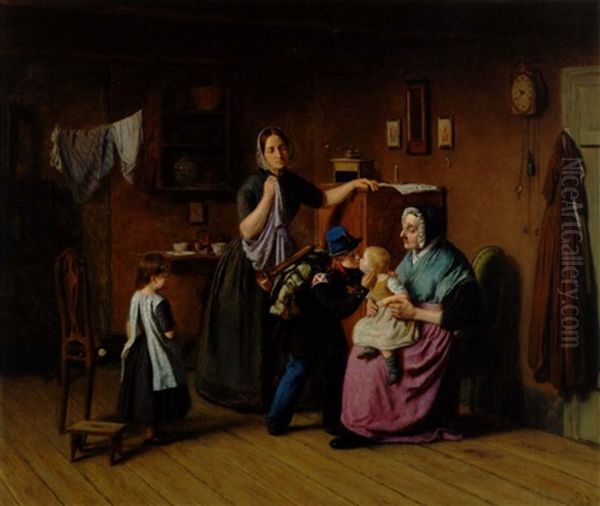 Den Lille Hornblaeser Tager Afsked Med Sin Familie Oil Painting by Julius Friedlaender