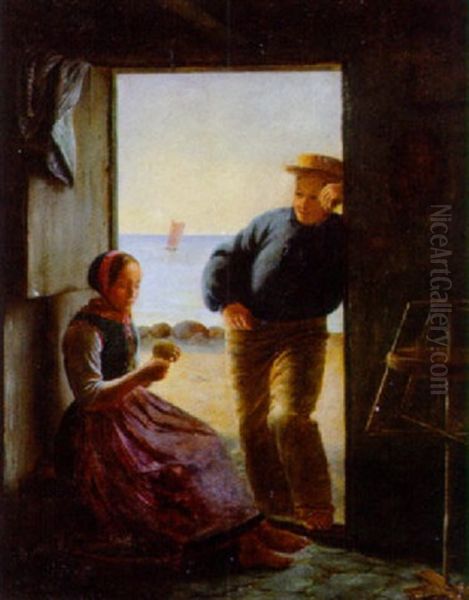 Bejler Pa Besog, Ung Mand Og Kvinde Ved En Dorabning, I Baggrunden Havet Oil Painting by Julius Friedlaender