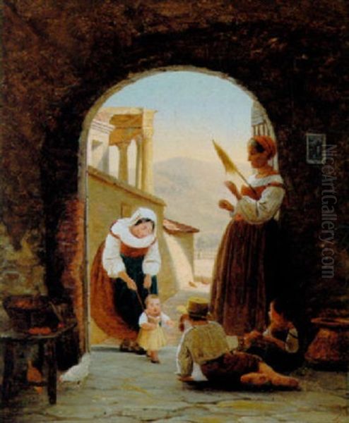 Italiensk Familieliv, Den Lille Laerer At Ga Oil Painting by Julius Friedlaender