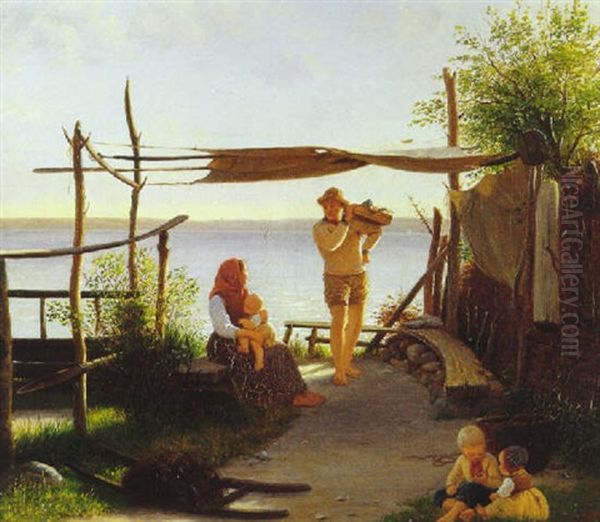 Fiskerfamilie I Afterskumring Oil Painting by Julius Friedlaender