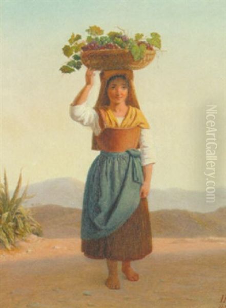 Italiensk Bondepige, Der Baerer En Kurv Med Vindruer Pa Hovedet Oil Painting by Julius Friedlaender