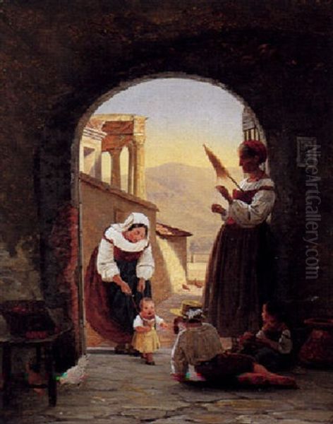 Italiensk Familieliv Oil Painting by Julius Friedlaender