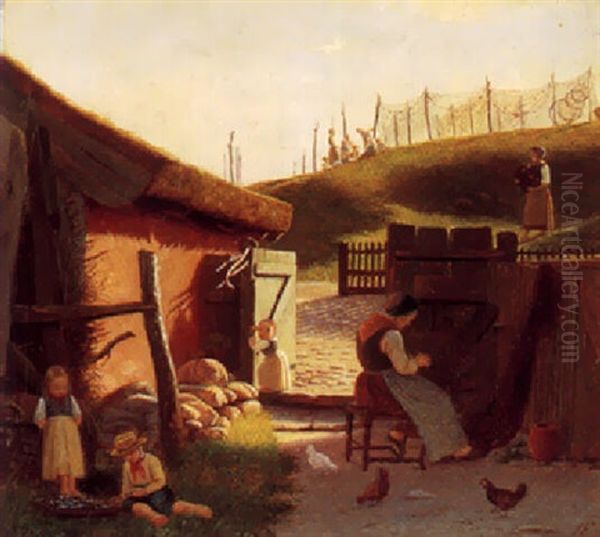 Exterior Fra Fiskerhytte Med Legenden Born Og Kvinder Der Ordner Garn Oil Painting by Julius Friedlaender