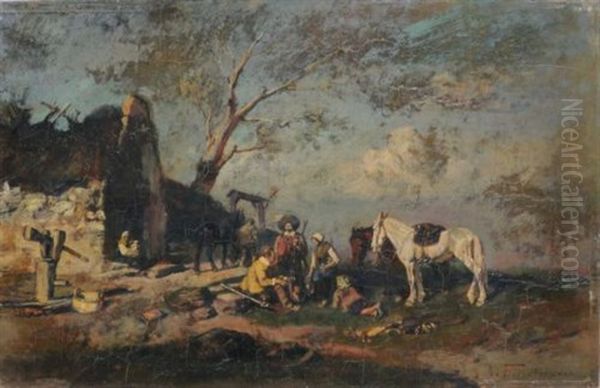 Landliche Szene Mit Rastenden Jagern by Alfred Ritter von Malheim Friedlaender