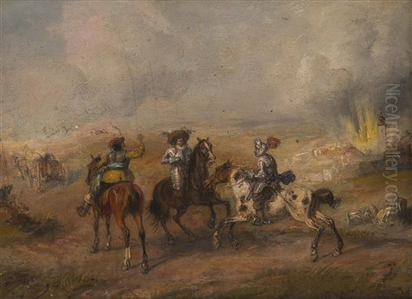 Riders In Front Of A Burning City Oil Painting by Alfred Ritter von Malheim Friedlaender