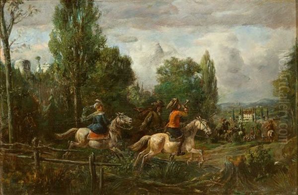 Jagdgesellschaft Zu Pferd In Hugeliger Landschaft Mit Schlosshintergrund Oil Painting by Alfred Ritter von Malheim Friedlaender