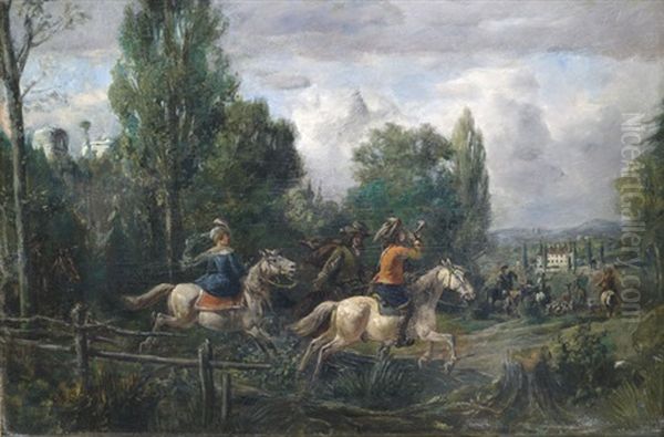 Eine Jagdgesellschaft Nahert Sich Einem Schloss Oil Painting by Alfred Ritter von Malheim Friedlaender