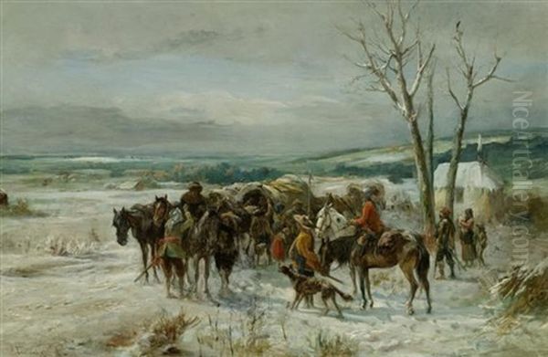 Begegnung In Einer Winterlandschaft (+ Festliche Szene Vor Einem Gasthof; Pair) Oil Painting by Alfred Ritter von Malheim Friedlaender