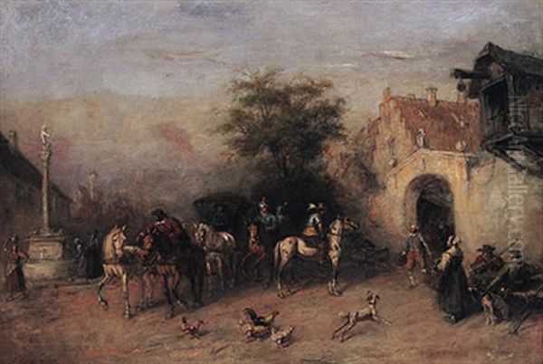 Vor Einer Herberge Anno 1600, Einkehr Einer Vornehmen Reisegesellschaft Oil Painting by Alfred Ritter von Malheim Friedlaender