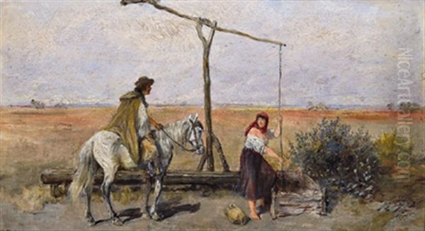 Am Ziehbrunnen In Der Puszta Oil Painting by Alfred Ritter von Malheim Friedlaender