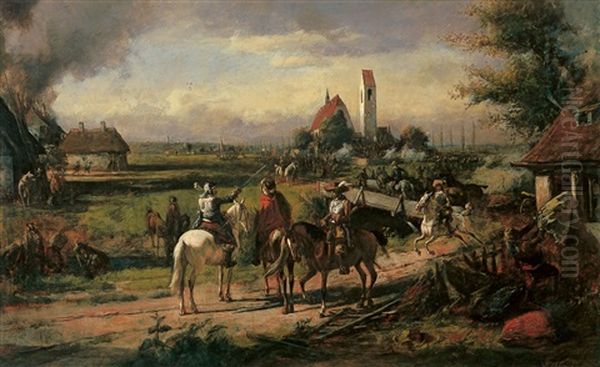 Zwei Szenen Aus Dem Dreissigjahrigen Krieg (2 Works) Oil Painting by Alfred Ritter von Malheim Friedlaender