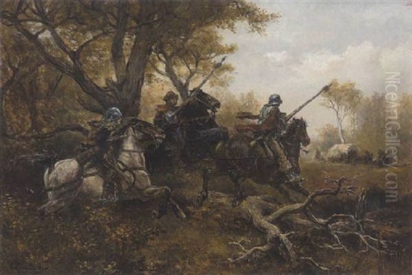 Uberfall Auf Einen Kaufmannswagen Oil Painting by Alfred Ritter von Malheim Friedlaender