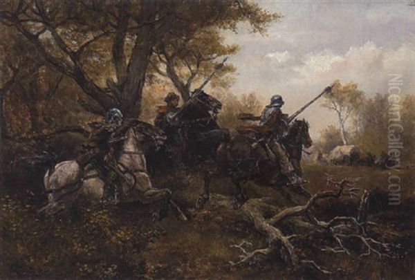 Uberfall Auf Einen Kaufmannswagen: Drei Reiter In Rustig Preschen Aus Dem Hinterhalt Auf Den Wagenzug Vor Oil Painting by Alfred Ritter von Malheim Friedlaender