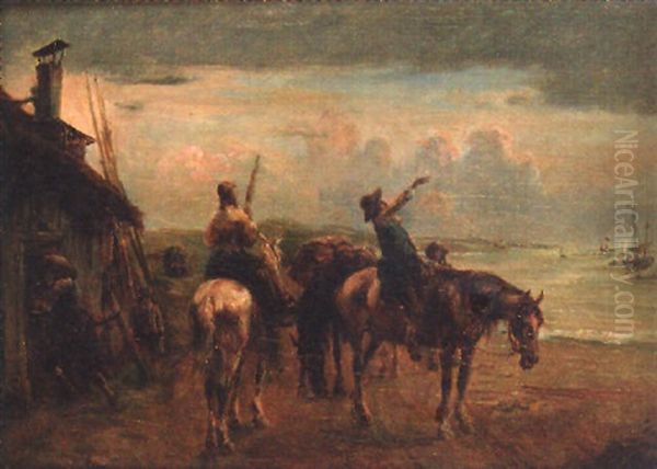 Travellers Before A Coastal Cottage Oil Painting by Alfred Ritter von Malheim Friedlaender