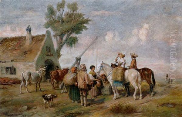 Rastendes Reiterpaar Vor Einem Bauernhaus Mit Pferdetranke Oil Painting by Alfred Ritter von Malheim Friedlaender