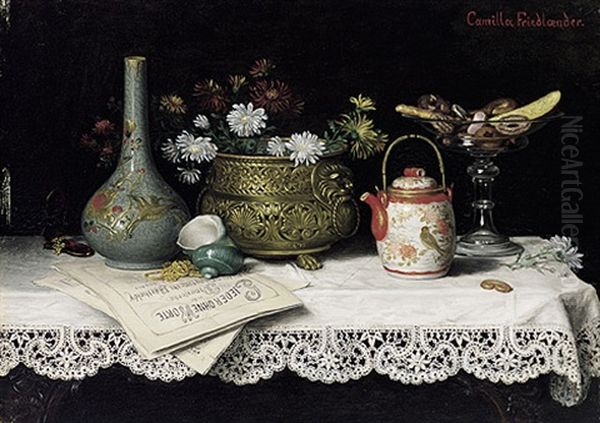 Auf Weiser Spitzendecke Glaserne Tazza Mit Leckereien, Japanischer Teekanne Und Vase, Metall-cachepot Mit Blumen, Notenblattern, Meeresschnecke Oil Painting by Camilla Edle von Malheim Friedlaender