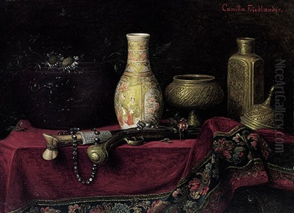 Orientalisches Stilleben Mit Steinschlosspistole, Kukri, Satsuma-vase, Distelbluten In Bronze-cachepot Und Verschiedenen Geratschaften Oil Painting by Camilla Edle von Malheim Friedlaender