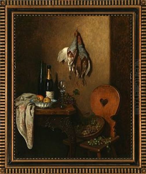 Still Life Fruits And Bottles On A Table Oil Painting by Camilla Edle von Malheim Friedlaender