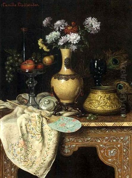 Stilleben Mit Obstschale, Blumenvase Und Facher Oil Painting by Camilla Edle von Malheim Friedlaender