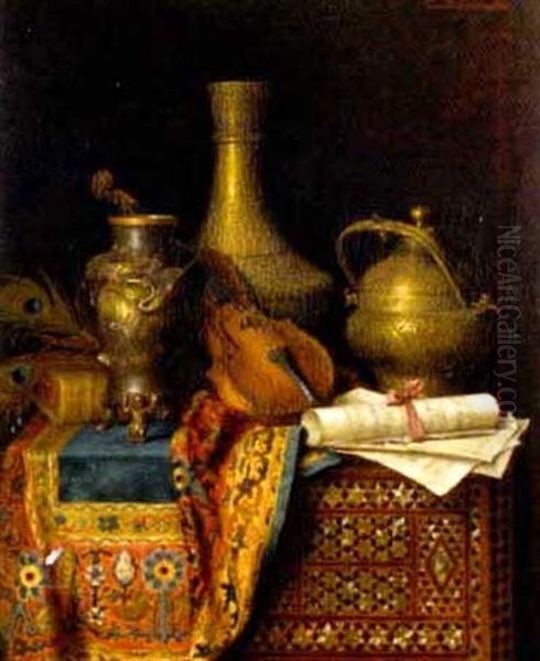 Stillleben Mit Orientalischen Gefasen, Geige Und Noten Oil Painting by Camilla Edle von Malheim Friedlaender