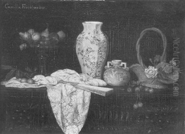 Still Life With Fruit, Vase, And Lace Tablecloth Oil Painting by Camilla Edle von Malheim Friedlaender