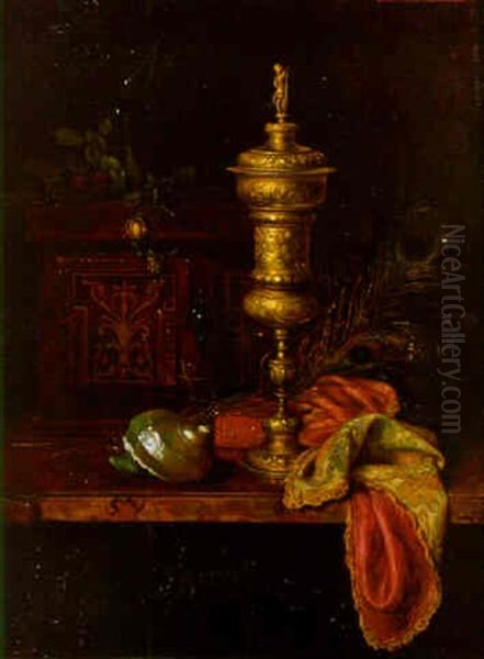 A Shell, Peacock Feather, Book And A Silver-gilt Cup And Cover On A Table Oil Painting by Camilla Edle von Malheim Friedlaender