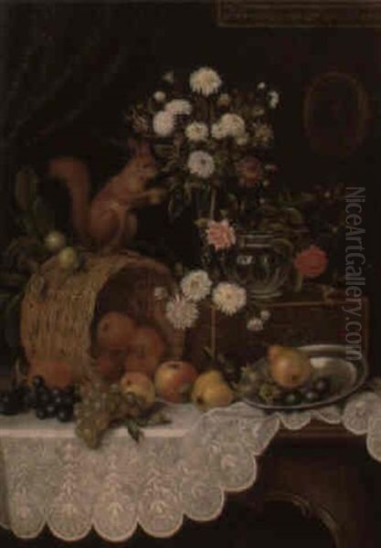 Still Life With Flowers, Fruit, And Squirrel Oil Painting by Camilla Edle von Malheim Friedlaender