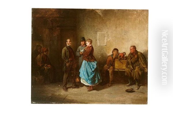 In Der Gendarmerie Wird Eine Hubsche Junge Frau Einem Alteren Herren Vorgefuhrt; Zwischen Beiden Ein Gendarm, Dessen Fragender Blick Dem Herrn Gilt, Wahrend Er Mit Seiner Rechten Auf Das Madchen Deutet Oil Painting by Friedrich Ritter von Malheim Friedlaender