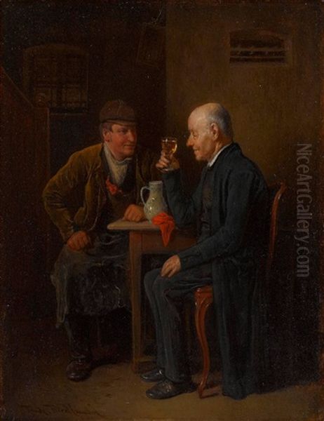 Zwei Herren Bei Einem Glas Wein Oil Painting by Friedrich Ritter von Malheim Friedlaender