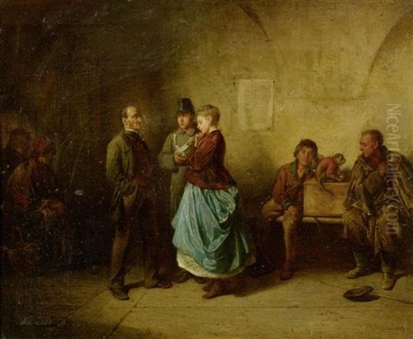 Vater Und Tochter Mit Einem Soldat In Einem Interieur Oil Painting by Friedrich Ritter von Malheim Friedlaender