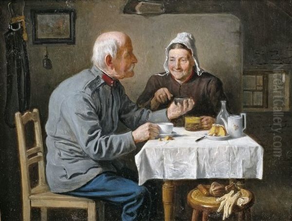 Alte Freundschaft. Stubeninterieur Mit Einem Paar Am Tisch Oil Painting by Friedrich Ritter von Malheim Friedlaender