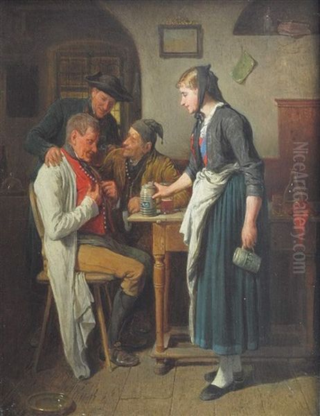 Dorfliches Wirtshaus-interieur Mit Drei Herren Oil Painting by Friedrich Ritter von Malheim Friedlaender