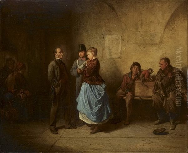 Die Befragung Einer Jungen Frau, Im Hintergrund Schausteller Mit Affchen Oil Painting by Friedrich Ritter von Malheim Friedlaender