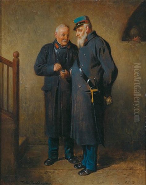 Zwei Veteranen Im Gesprach Oil Painting by Friedrich Ritter von Malheim Friedlaender