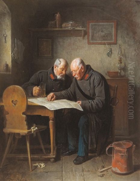 Zwei Veteranen Studieren Die Landkarte Oil Painting by Friedrich Ritter von Malheim Friedlaender