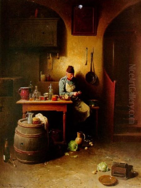 A Kitchen Interior With A Man Peeling Vegetables Oil Painting by Friedrich Ritter von Malheim Friedlaender