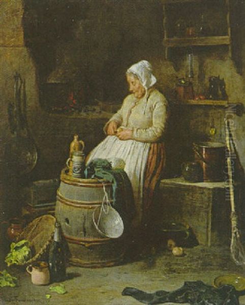 Alte Bauerin Beim Kartoffelschalen In Der Kuche Bei Der Offenen Feuerstelle Oil Painting by Friedrich Ritter von Malheim Friedlaender