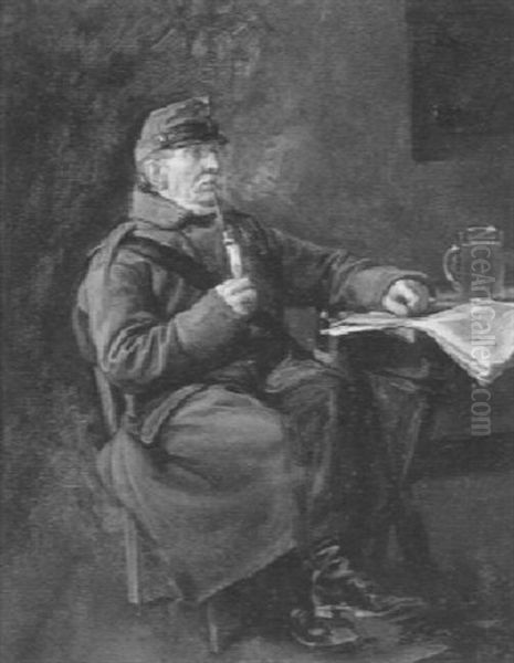 Rauchender Reservist Mit Einer Zeitung Und Einem Bierkrug Oil Painting by Friedrich Ritter von Malheim Friedlaender