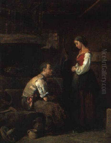 Besuch In Der Schmiede Oil Painting by Friedrich Ritter von Malheim Friedlaender