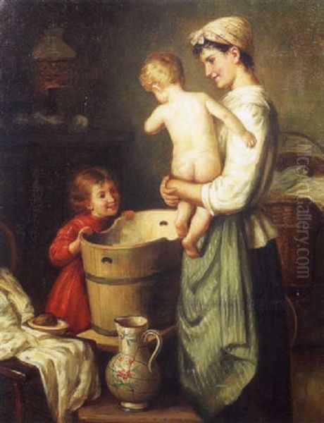 Interior Scene Of A Mother Bathing Her Children Oil Painting by Hedwig Edle von Malheim Friedlaender