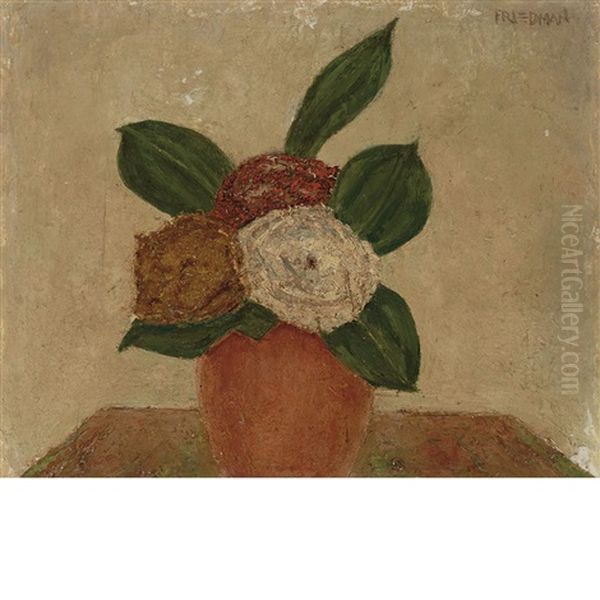 Flowers In A Terra Cotta Vase (small Orange Vase Of Flowers) Oil Painting by Arnold Friedman