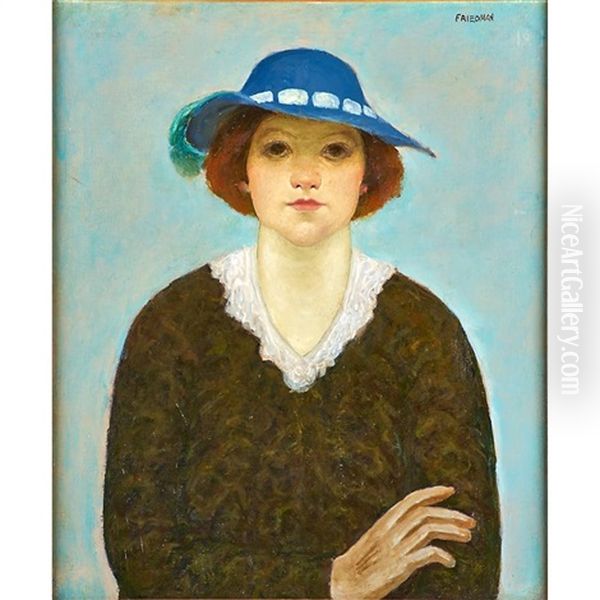 Untitled (young Woman In A Blue Hat) Oil Painting by Arnold Friedman